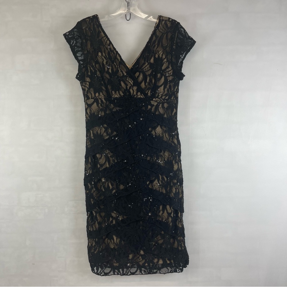 Scarlett Black Lace Overlay Nude Illusion Sequin Cocktail Dress Size 8‎